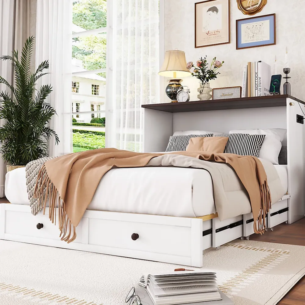 Redom Lit 140x200 cm transformable en armoire, avec tiroirs de grande capacité, tête étagère et prises USB, blanc* Lit Gigogne