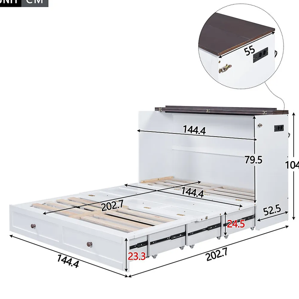 Redom Lit 140x200 cm transformable en armoire, avec tiroirs de grande capacité, tête étagère et prises USB, blanc* Lit Gigogne
