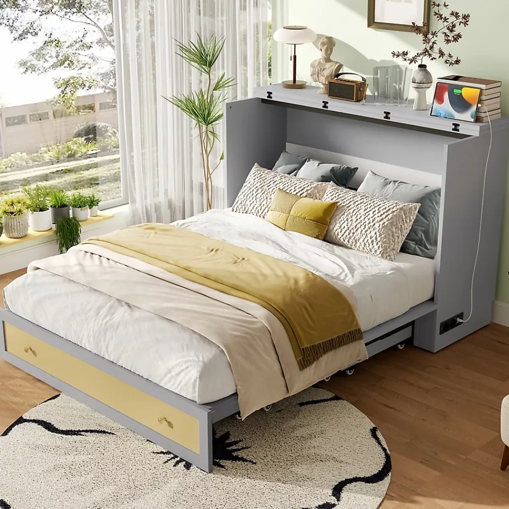 Redom Lit 140x200 cm transformable en armoire, avec tiroirs de rangement et prise USB intégrée, finition grise MDF*Enfant Lit Enfant