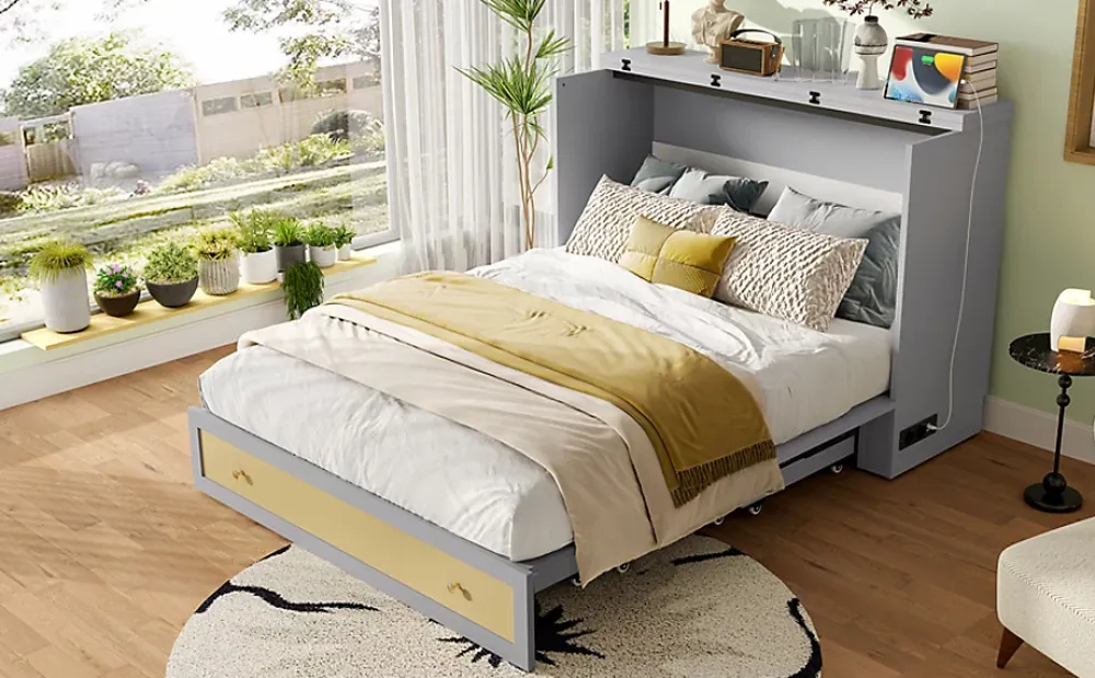 Redom Lit 140x200 cm transformable en armoire, avec tiroirs de rangement et prise USB intégrée, finition grise MDF*Enfant Lit Enfant