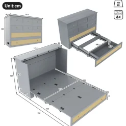 Redom Lit 140x200 cm transformable en armoire, avec tiroirs de rangement et prise USB intégrée, finition grise MDF*Enfant Lit Enfant