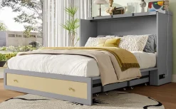 Redom Lit 140x200 cm transformable en armoire, avec tiroirs de rangement et prise USB intégrée, finition grise MDF*Enfant Lit Enfant