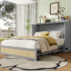 Redom Lit 140x200 cm transformable en armoire, avec tiroirs de rangement et prise USB intégrée, finition grise MDF*Enfant Lit Enfant