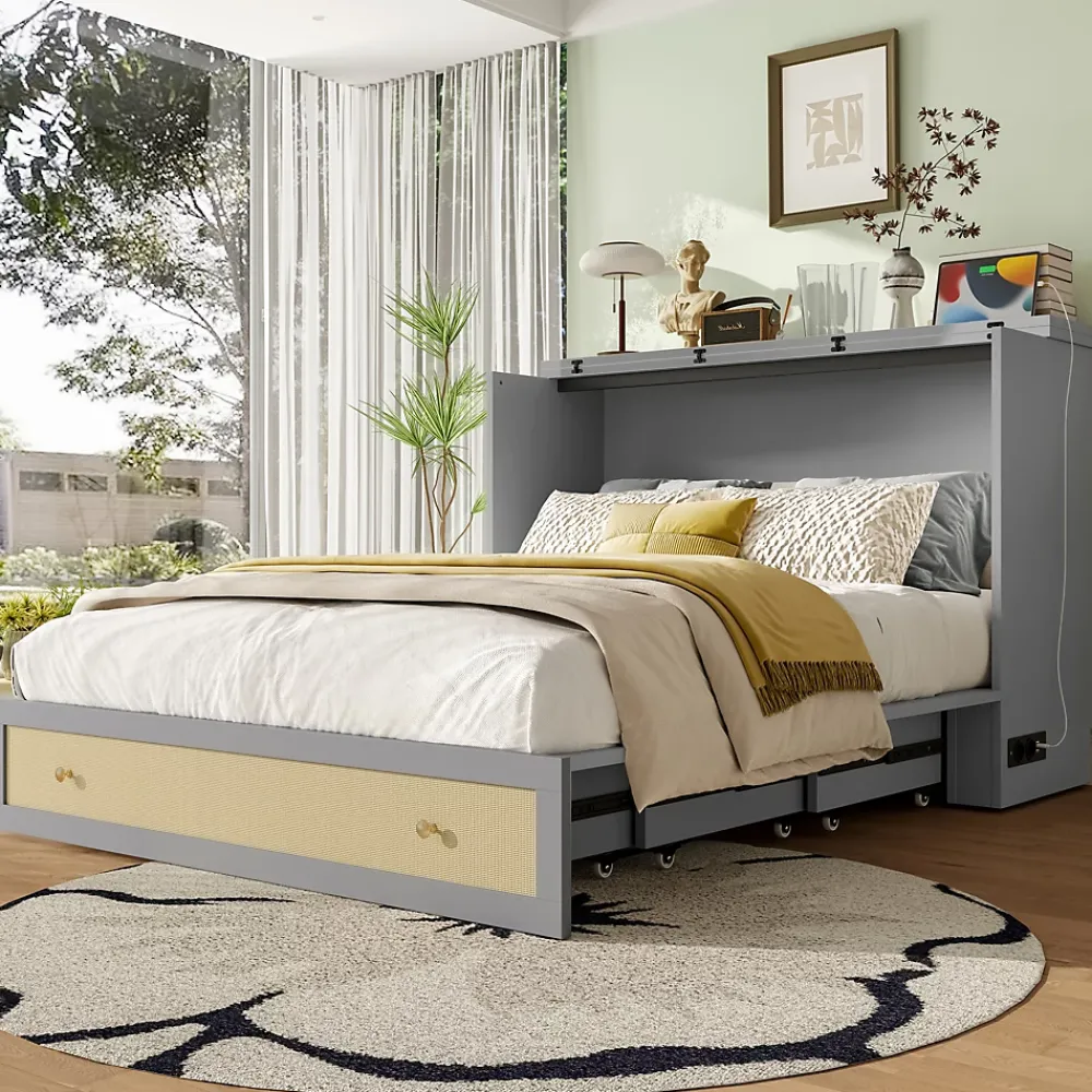 Redom Lit 140x200 cm transformable en armoire, avec tiroirs de rangement et prise USB intégrée, finition grise MDF*Enfant Lit Enfant