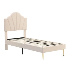 Redom Lit 90x200 cm tête coquillage réglable, pieds métal doré, velours beige et sommier à lattes bois* Lit Simple