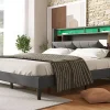 Redom Lit 140x200 cm tête de lit avec rangement, ports USB et éclairage LED, cadre bois massif et tissu lin gris* Ensemble Sommier Et Matelas