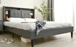 Redom Lit 140x200 cm tête de lit avec rangement, ports USB et éclairage LED, cadre bois massif et tissu lin gris* Ensemble Sommier Et Matelas