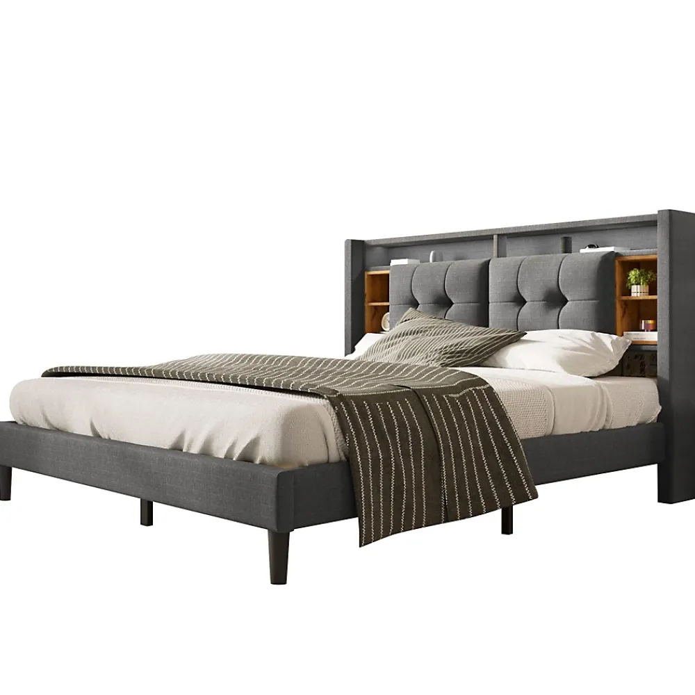 Redom Lit 140x200 cm tête de lit avec rangement, ports USB et éclairage LED, cadre bois massif et tissu lin gris* Ensemble Sommier Et Matelas