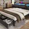 Redom Lit 140x200 cm tête de lit avec rangement et tiroirs, cadre métal et tissu lin gris, LED et station USB* Ensemble Sommier Et Matelas