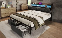 Redom Lit 140x200 cm tête de lit avec rangement et tiroirs, cadre métal et tissu lin gris, LED et station USB* Ensemble Sommier Et Matelas