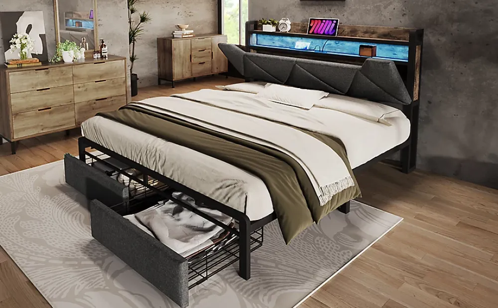 Redom Lit 140x200 cm tête de lit avec rangement et tiroirs, cadre métal et tissu lin gris, LED et station USB* Ensemble Sommier Et Matelas