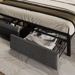 Redom Lit 140x200 cm tête de lit avec rangement et tiroirs, cadre métal et tissu lin gris, LED et station USB* Ensemble Sommier Et Matelas