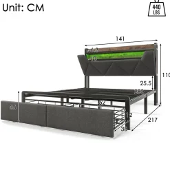 Redom Lit 140x200 cm tête de lit avec rangement et tiroirs, cadre métal et tissu lin gris, LED et station USB* Ensemble Sommier Et Matelas