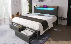Redom Lit 140x200 cm tête de lit avec rangement et tiroirs, cadre métal et tissu lin gris, LED et station USB* Ensemble Sommier Et Matelas