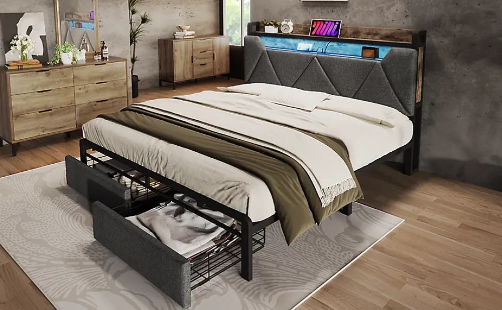 Redom Lit 140x200 cm tête de lit avec rangement et tiroirs, cadre métal et tissu lin gris, LED et station USB* Ensemble Sommier Et Matelas