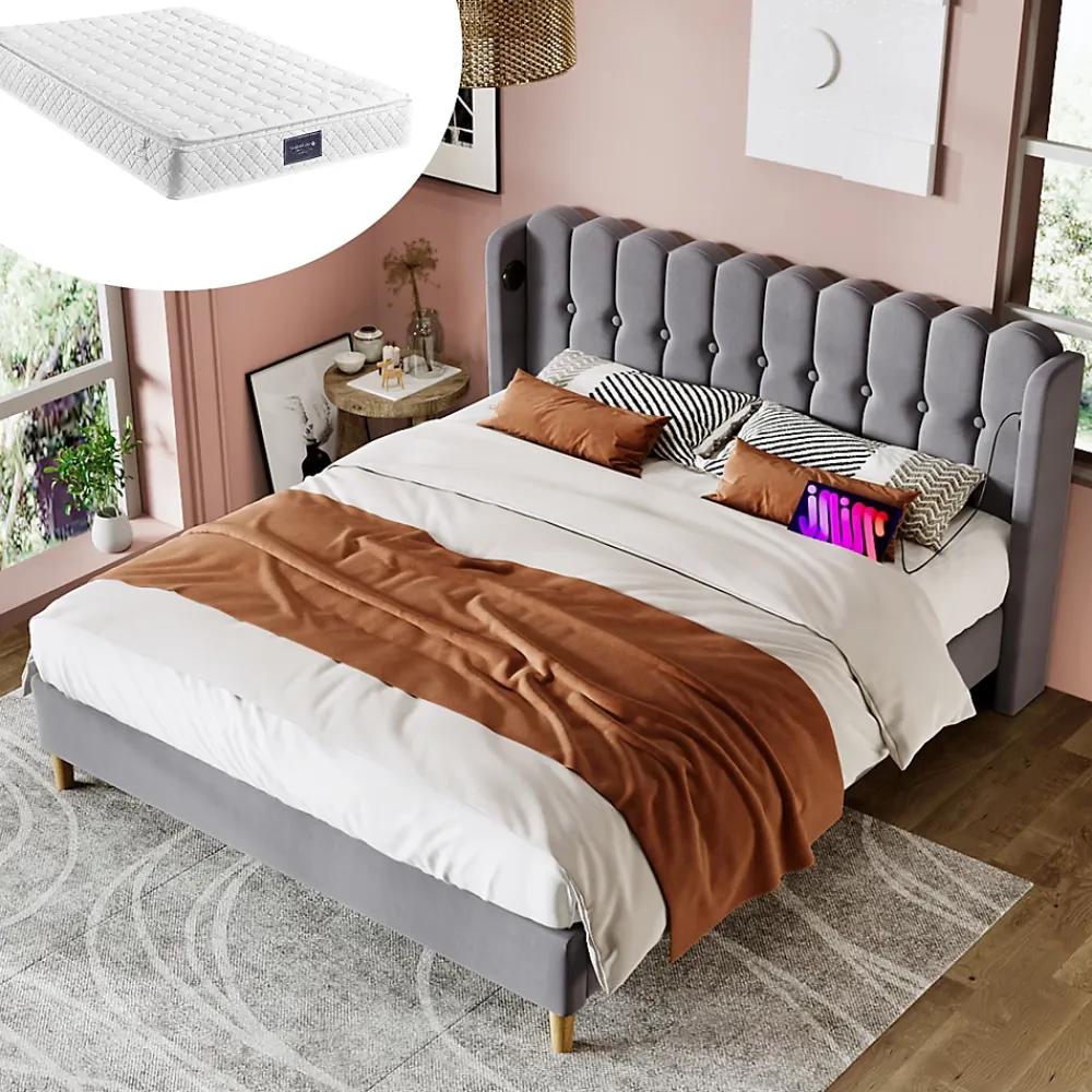 Redom Lit 160x200 cm tête de lit capitonnée avec ports USB et Type-C, cadre tapissé lin gris* Ensemble Sommier Et Matelas