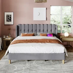 Redom Lit 160x200 cm tête de lit capitonnée avec ports USB et Type-C, cadre tapissé lin gris* Ensemble Sommier Et Matelas