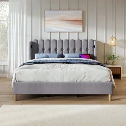 Redom Lit 160x200 cm tête de lit capitonnée avec ports USB et Type-C, cadre tapissé lin gris* Ensemble Sommier Et Matelas