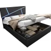 Redom Lit 140x200 cm tête de lit rembourrée avec éclairage LED pilotable et coffre hydraulique, revêtement PU noir* Lit Avec Rangement