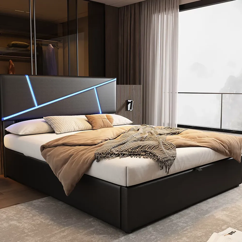 Redom Lit 140x200 cm tête de lit rembourrée avec éclairage LED pilotable et coffre hydraulique, revêtement PU noir* Lit Avec Rangement