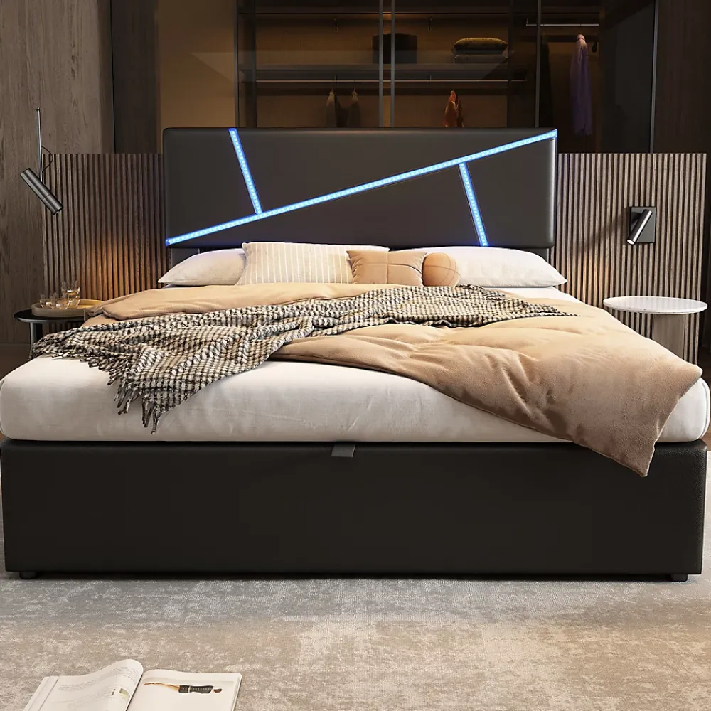 Redom Lit 140x200 cm tête de lit rembourrée avec éclairage LED pilotable et coffre hydraulique, revêtement PU noir* Lit Avec Rangement
