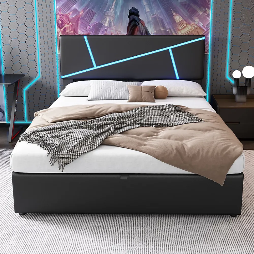Redom Lit 140x200 cm tête de lit rembourrée avec éclairage LED pilotable et coffre hydraulique, revêtement PU noir* Lit Avec Rangement