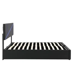Redom Lit 140x200 cm tête de lit rembourrée avec éclairage LED pilotable et coffre hydraulique, revêtement PU noir* Lit Avec Rangement