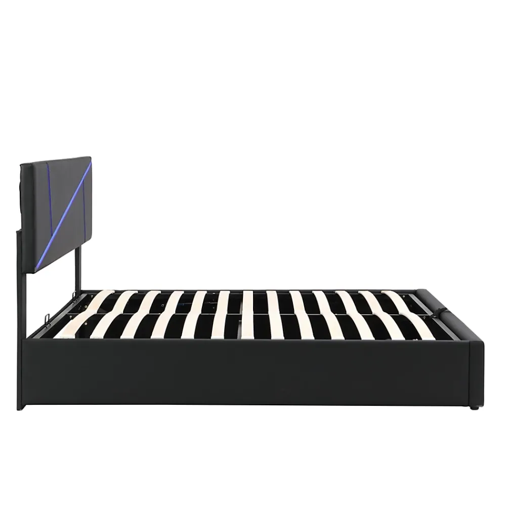 Redom Lit 140x200 cm tête de lit rembourrée avec éclairage LED pilotable et coffre hydraulique, revêtement PU noir* Lit Avec Rangement