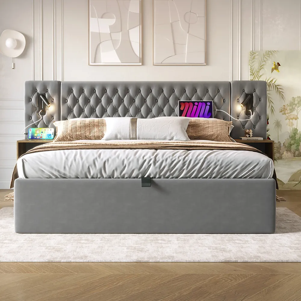 Lit 180x200 cm, tête de lit velours gris et rangement hydraulique, deux chevets finition bois avec USB/Type-C>Redom Discount