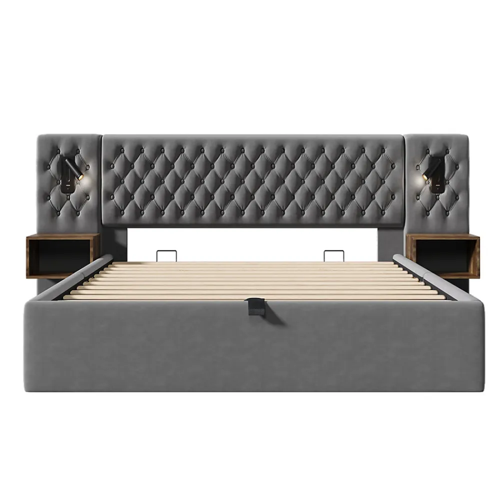 Lit 180x200 cm, tête de lit velours gris et rangement hydraulique, deux chevets finition bois avec USB/Type-C>Redom Discount