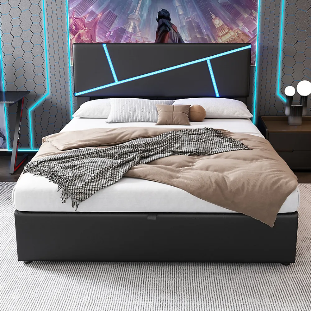 Lit 90x200 cm tête rembourrée LED contrôlable, rangement hydraulique, PU noir, sommier 13 lattes>Redom Sale