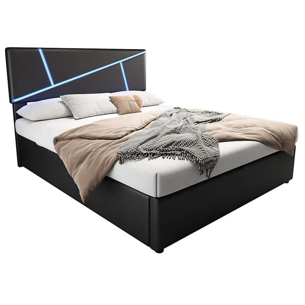 Lit 90x200 cm tête rembourrée LED contrôlable, rangement hydraulique, PU noir, sommier 13 lattes>Redom Sale
