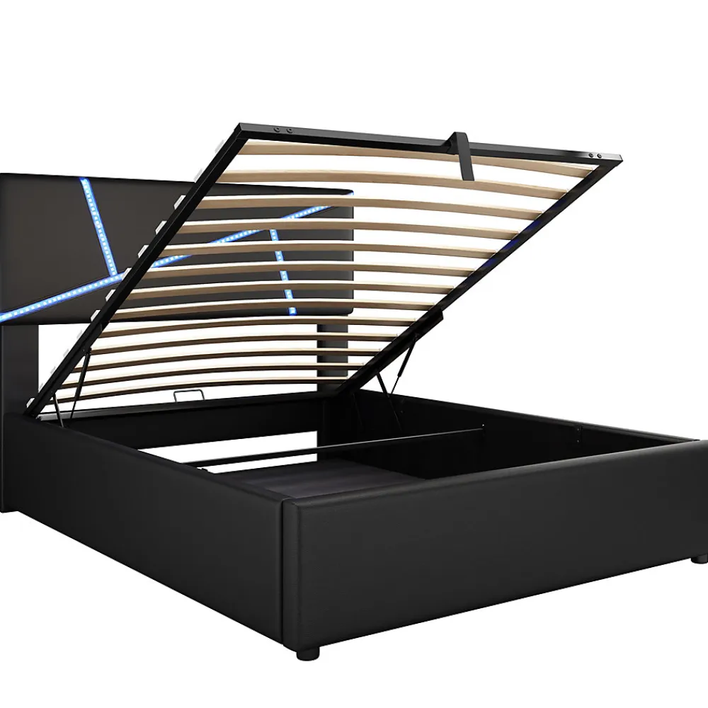 Lit 90x200 cm tête rembourrée LED contrôlable, rangement hydraulique, PU noir, sommier 13 lattes>Redom Sale