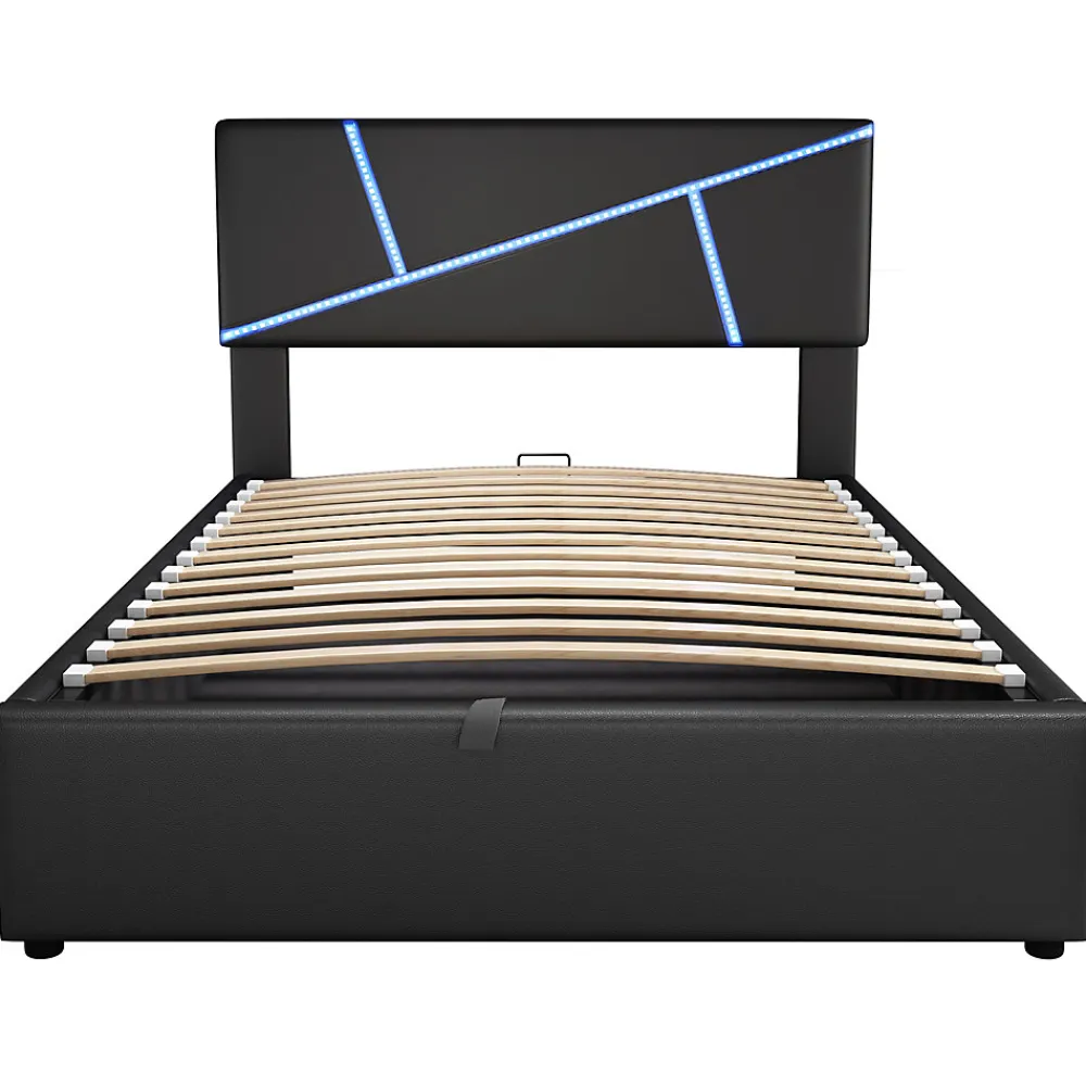 Lit 90x200 cm tête rembourrée LED contrôlable, rangement hydraulique, PU noir, sommier 13 lattes>Redom Sale