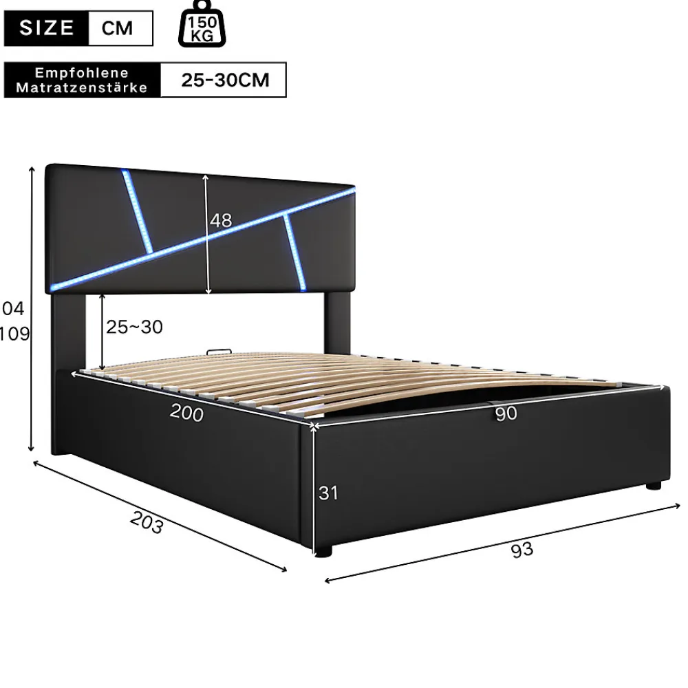 Lit 90x200 cm tête rembourrée LED contrôlable, rangement hydraulique, PU noir, sommier 13 lattes>Redom Sale