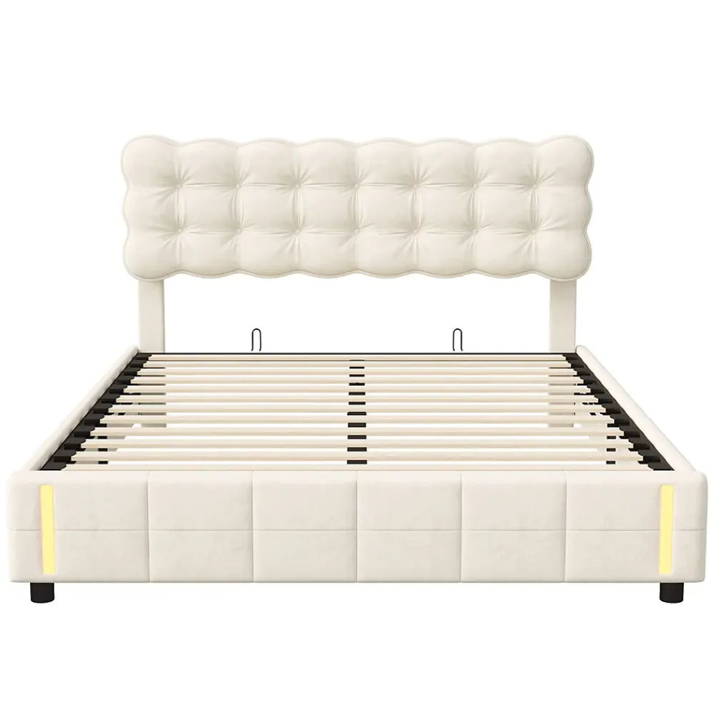 Generique Lit 140x200 cm, velours, tête capitonnée, hydraulique, LED, rangement, sommier à lattes* Lit Double