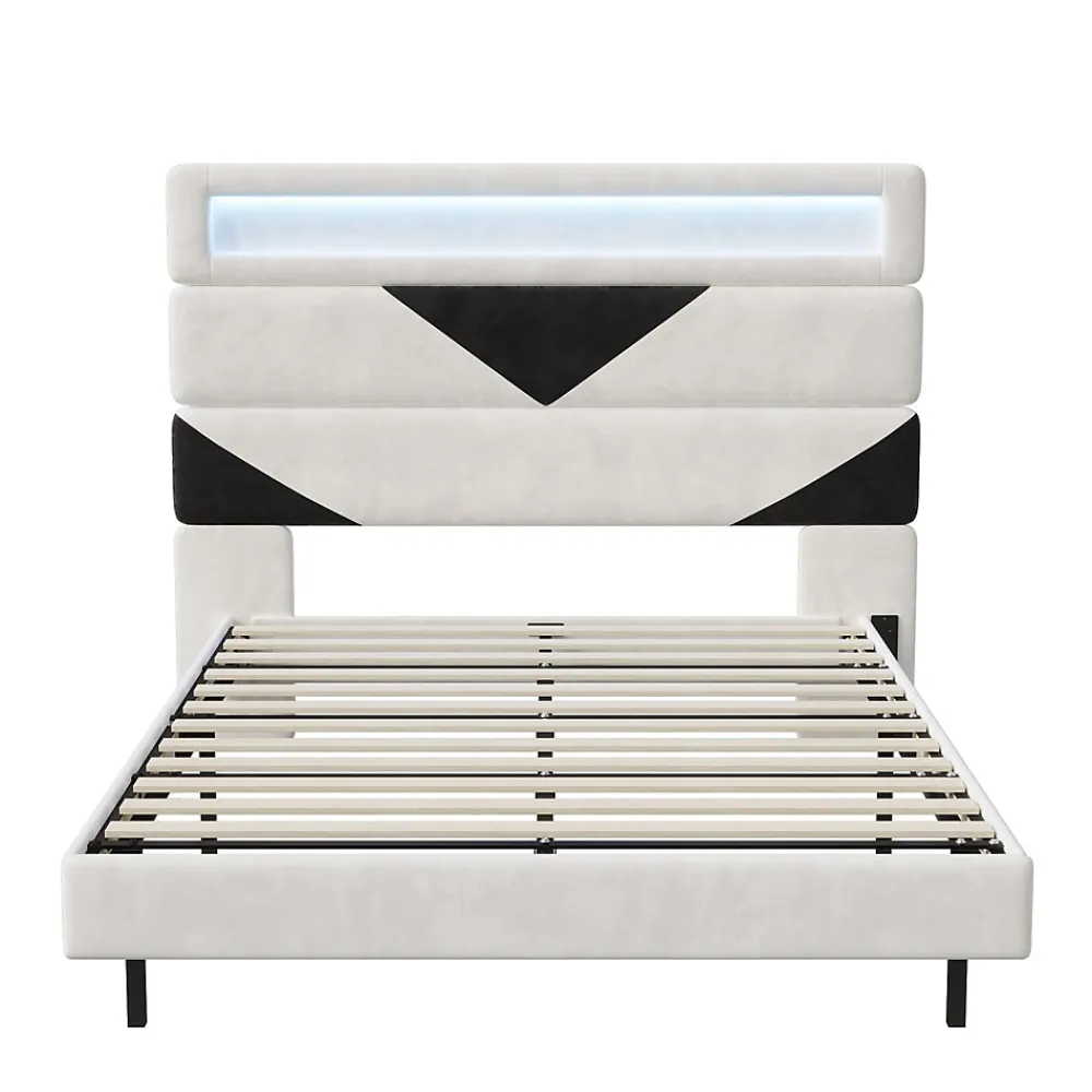 Lit 160x200 cm,avec port de chargement USB et éclairage LED,Cadre de lit, lit flottant avec Tête de lit triangle,Lit adulte,Blanc>Fortuna lai Sale