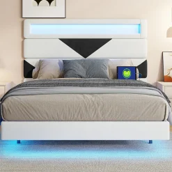 Lit 160x200 cm,avec port de chargement USB et éclairage LED,Cadre de lit, lit flottant avec Tête de lit triangle,Lit adulte,Blanc><noscript><img width=
