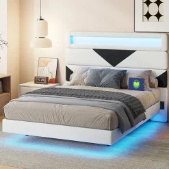 Lit 160x200 cm,avec port de chargement USB et éclairage LED,Cadre de lit, lit flottant avec Tête de lit triangle,Lit adulte,Blanc><noscript><img width=