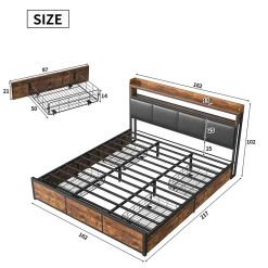 Lit 160x200 cuir PU noir, cadre métal, LED, tête de lit avec rangement, tiroirs, design moderne pour enfants/ados><noscript><img width=
