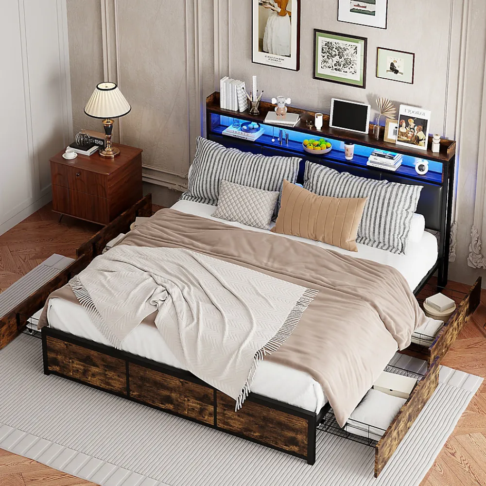Lit 160x200 cuir PU noir, cadre métal, LED, tête de lit avec rangement, tiroirs, design moderne pour enfants/ados>Generique Best