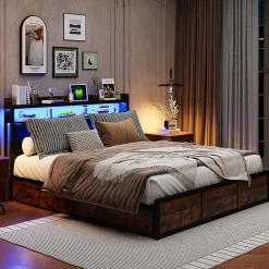 Lit 160x200 cuir PU noir, cadre métal, LED, tête de lit avec rangement, tiroirs, design moderne pour enfants/ados><noscript><img width=