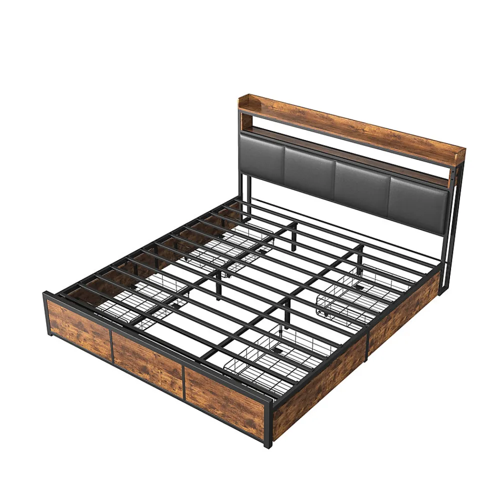 Lit 160x200 cuir PU noir, cadre métal, LED, tête de lit avec rangement, tiroirs, design moderne pour enfants/ados>Generique Best