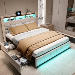 Lit 180x200 Sommier LED Et 2 USB, Type-c, Lit Capitonné Lit Double Avec 4 Tiroirs, Lin, Beige>Simple Life Clearance