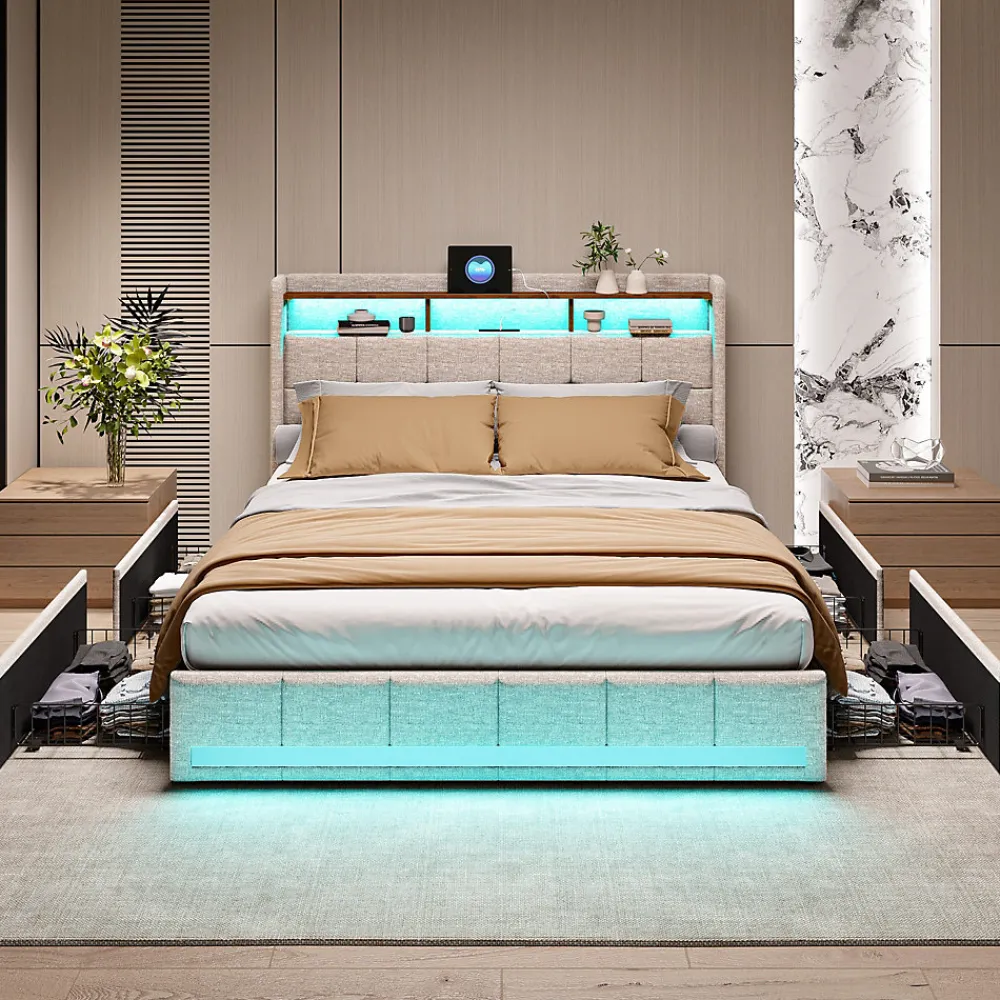 Lit 180x200 Sommier LED Et 2 USB, Type-c, Lit Capitonné Lit Double Avec 4 Tiroirs, Lin, Beige>Simple Life Clearance