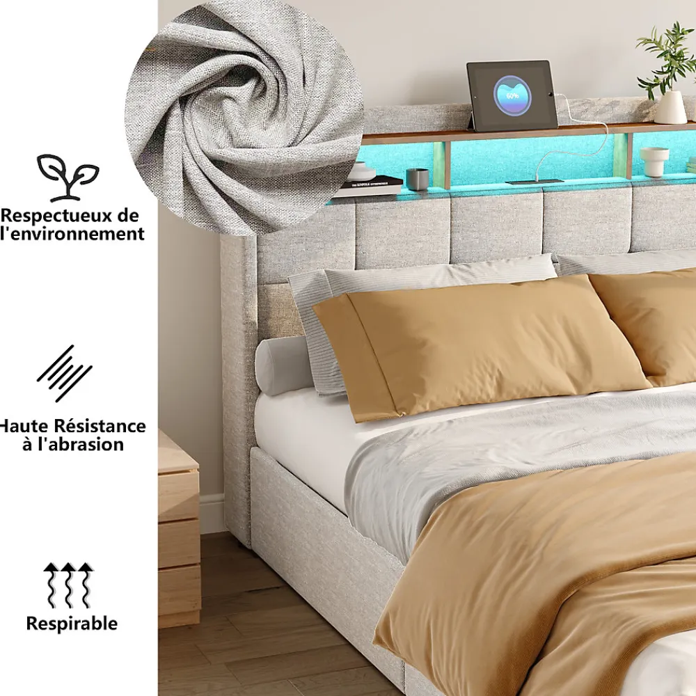 Lit 180x200 Sommier LED Et 2 USB, Type-c, Lit Capitonné Lit Double Avec 4 Tiroirs, Lin, Beige>Simple Life Clearance