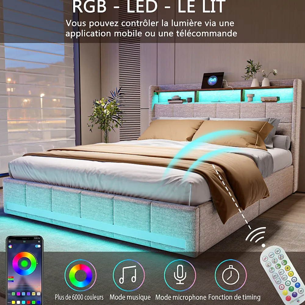 Lit 180x200 Sommier LED Et 2 USB, Type-c, Lit Capitonné Lit Double Avec 4 Tiroirs, Lin, Beige>Simple Life Clearance