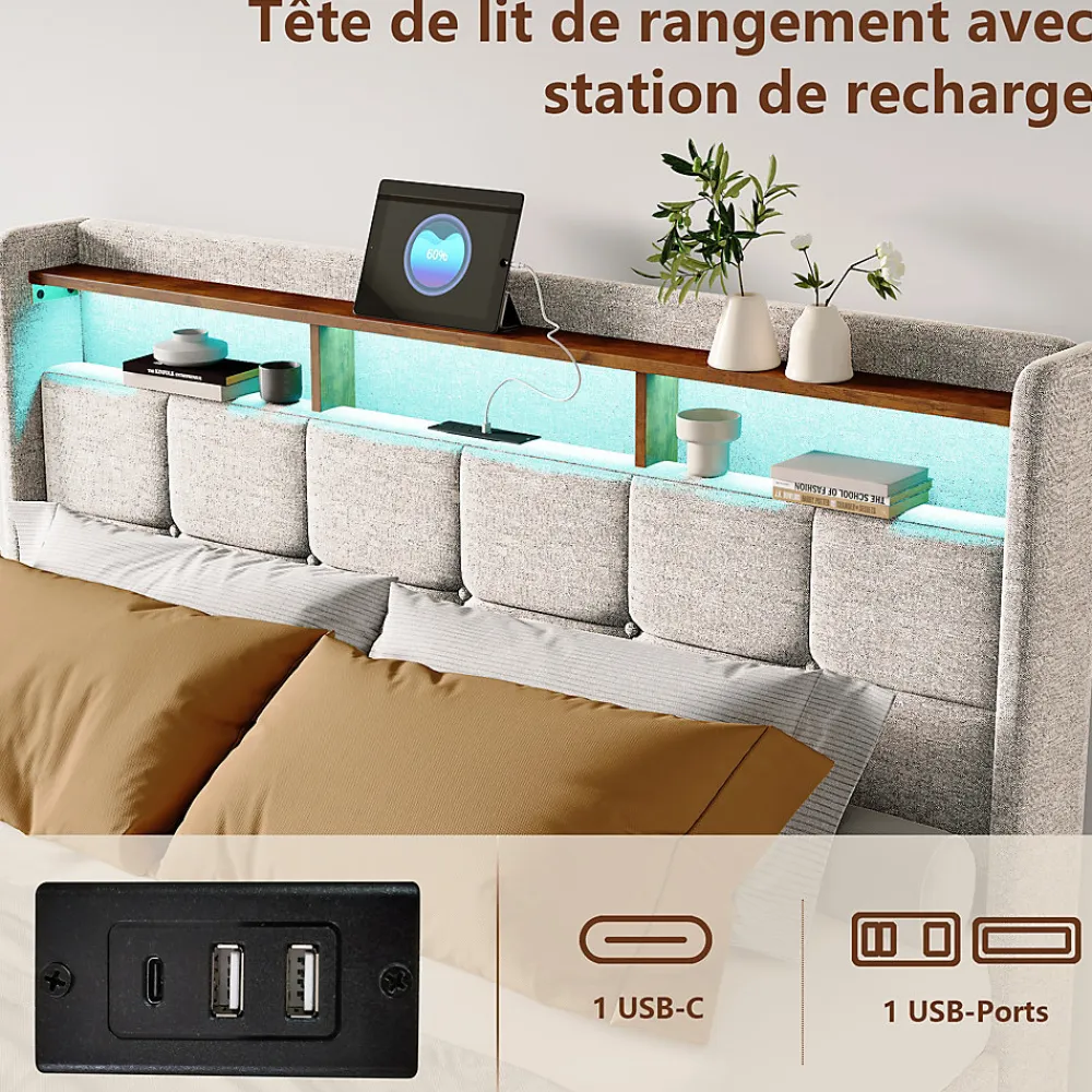 Lit 180x200 Sommier LED Et 2 USB, Type-c, Lit Capitonné Lit Double Avec 4 Tiroirs, Lin, Beige>Simple Life Clearance