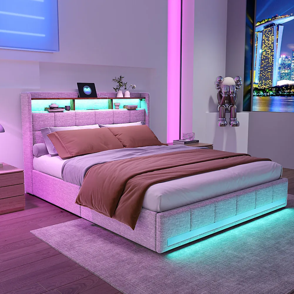 Lit 180x200 Sommier LED Et 2 USB, Type-c, Lit Capitonné Lit Double Avec 4 Tiroirs, Lin, Beige>Simple Life Clearance