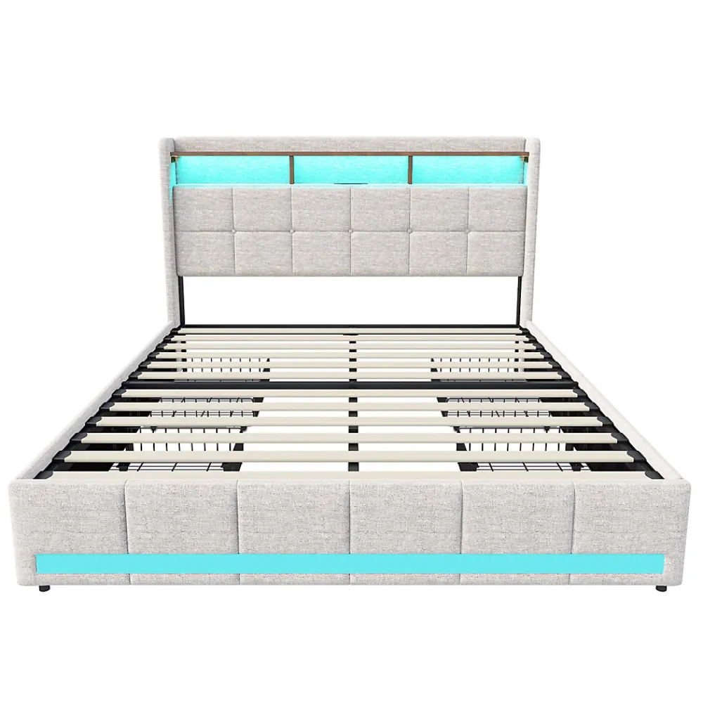 Lit 180x200 Sommier LED Et 2 USB, Type-c, Lit Capitonné Lit Double Avec 4 Tiroirs, Lin, Beige>Simple Life Clearance